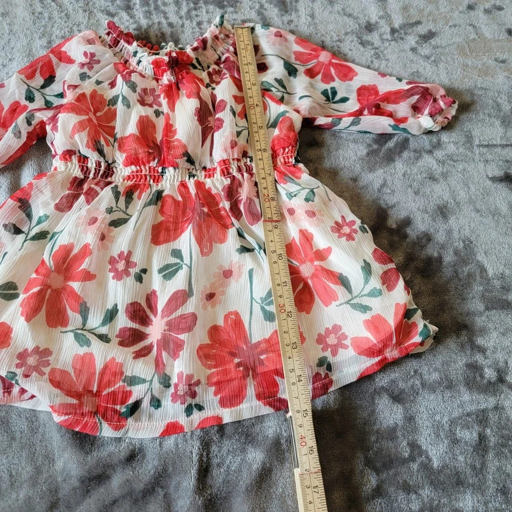 Carter's Floral Dress Baby Girls 3M White Red Excellent Long Sleeve Chiffon 724